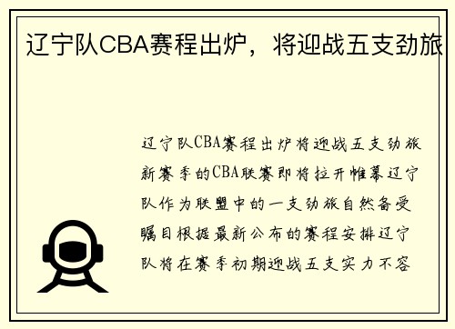 辽宁队CBA赛程出炉，将迎战五支劲旅
